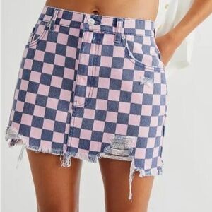 Free People Pink and Blue Checkered Mini Skirt